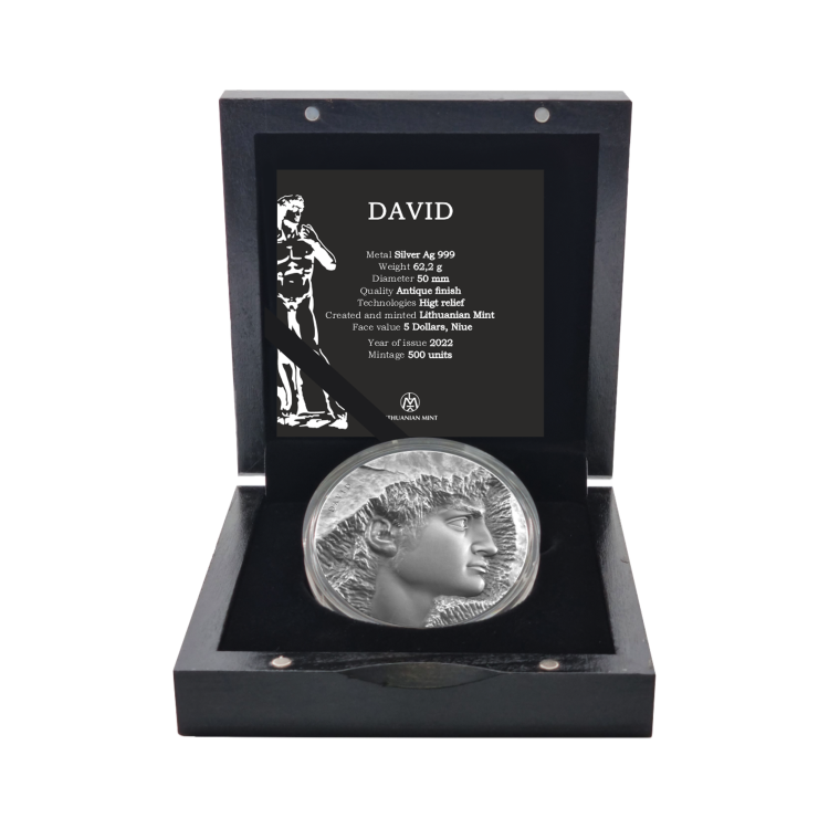 2 troy ounce Silver coin David antique finish angle 2 2 troy ounce Silver coin David antique finish angle 2